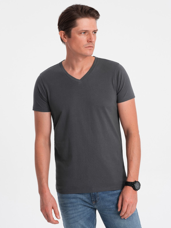 Ombre Clothing Tmavě šedé pánské basic tričko s véčkovým výstřihem Ombre Clothing
