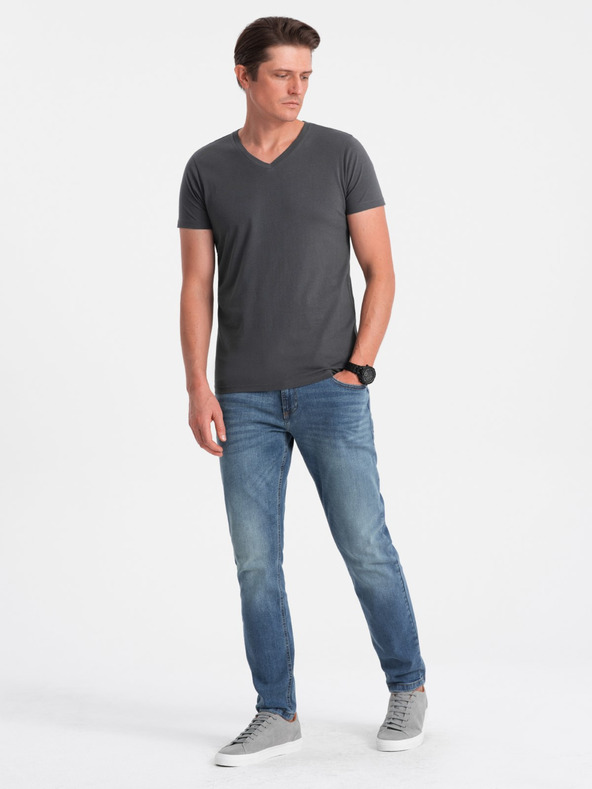 Ombre Clothing Tmavě šedé pánské basic tričko s véčkovým výstřihem Ombre Clothing