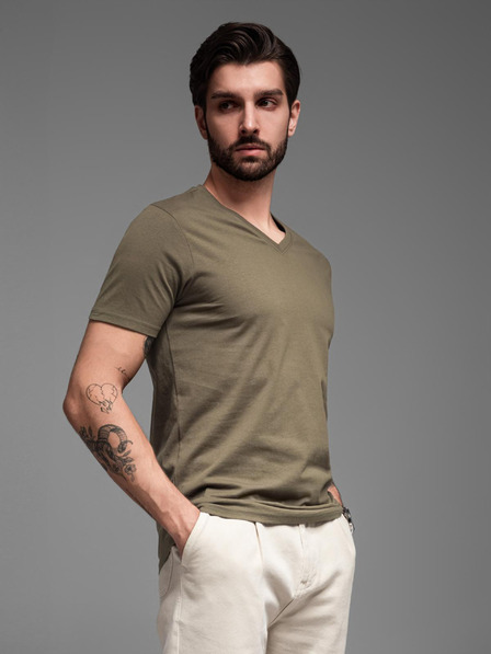 Ombre Clothing Khaki pánské basic tričko s véčkovým výstřihem Ombre Clothing