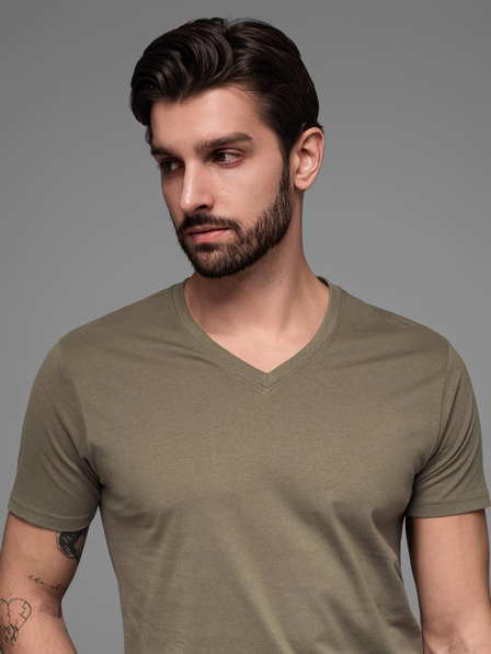 Ombre Clothing Khaki pánské basic tričko s véčkovým výstřihem Ombre Clothing