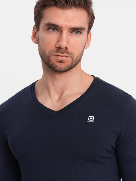 Ombre Clothing Tmavě modré pánské tričko s véčkovým výstřihem Ombre Clothing