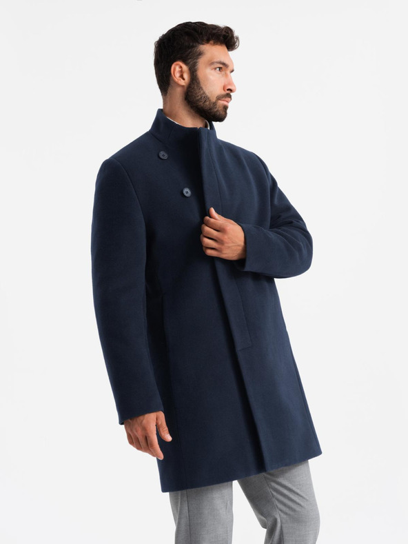 Ombre Clothing Pánský kabát s asymetrickým zapínáním a vysokým límcem tmavě modrý Ombre Clothing