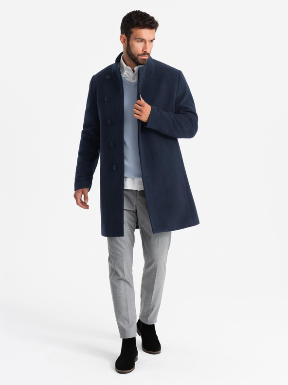 Ombre Clothing Pánský kabát s asymetrickým zapínáním a vysokým límcem tmavě modrý Ombre Clothing