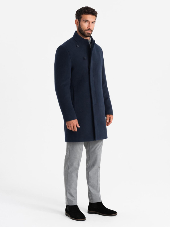 Ombre Clothing Pánský kabát s asymetrickým zapínáním a vysokým límcem tmavě modrý Ombre Clothing