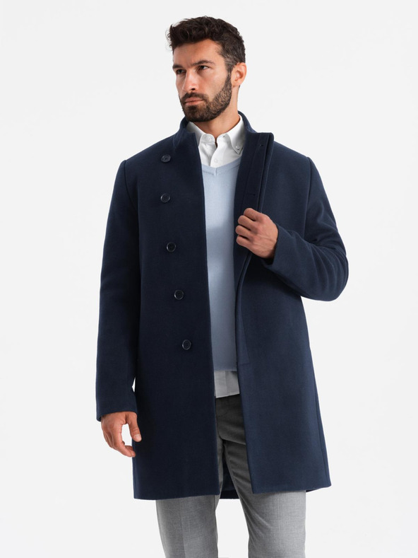 Ombre Clothing Pánský kabát s asymetrickým zapínáním a vysokým límcem tmavě modrý Ombre Clothing