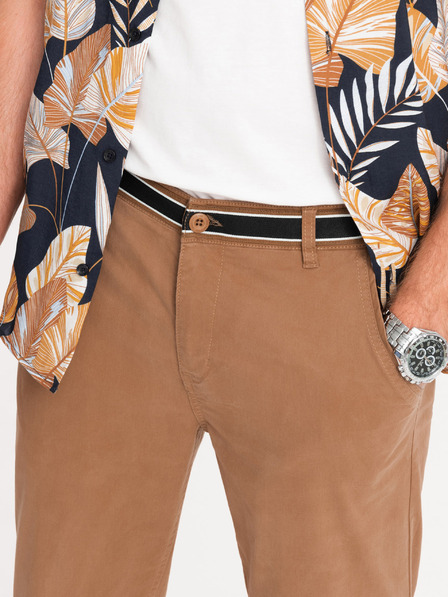 Ombre Clothing Hnědé pánské chino kalhoty s ozdobným páskem Ombre Clothing