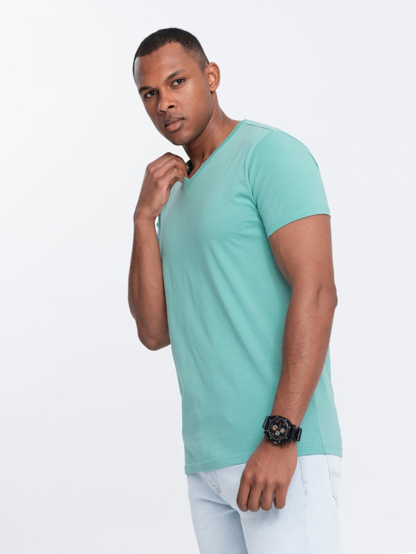 Ombre Clothing Tyrkysové pánské bavlněné basic tričko s výstřihem Ombre Clothing