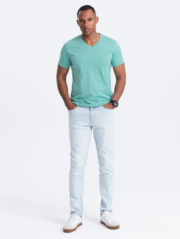 Ombre Clothing Tyrkysové pánské bavlněné basic tričko s výstřihem Ombre Clothing
