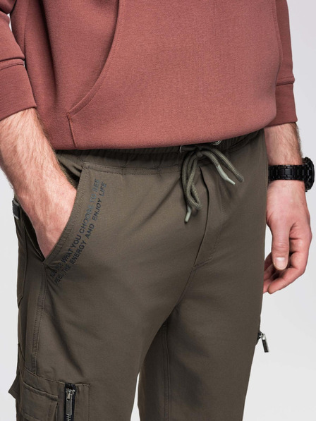 Ombre Clothing Pánské kalhoty jogger s kapsami a potiskem tmavě olivově zelené Ombre Clothing