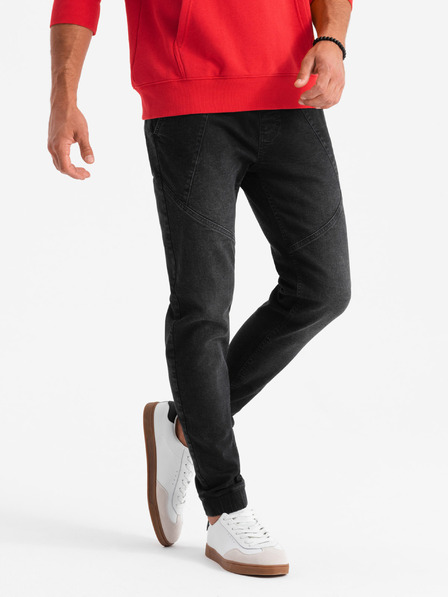 Ombre Clothing Pánské džínové tepláky s asymetrickým prošíváním černé Ombre Clothing