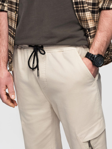 Ombre Clothing Pánské pletené tepláky s cargo kapsami krémové Ombre Clothing