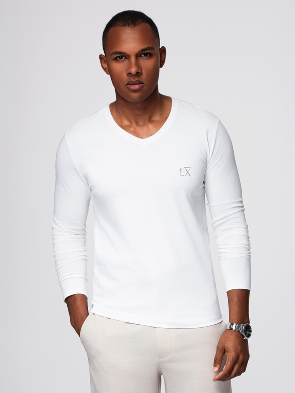 Ombre Clothing Pánské tričko SLIM FIT s dlouhým rukávem do V s elastanem a potiskem bílá Ombre Clothing