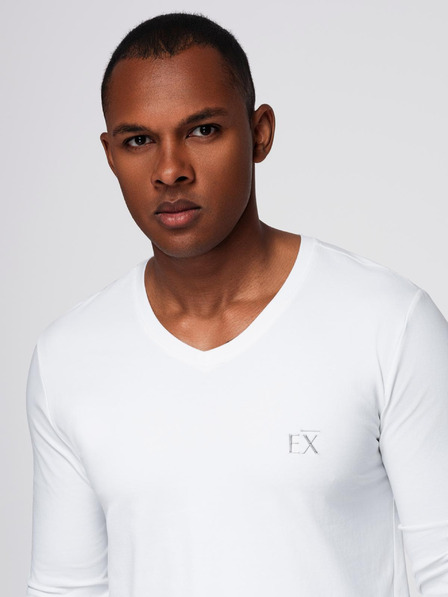 Ombre Clothing Pánské tričko SLIM FIT s dlouhým rukávem do V s elastanem a potiskem bílá Ombre Clothing