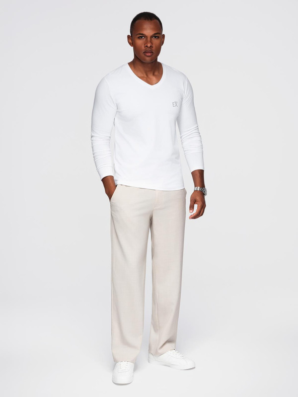 Ombre Clothing Pánské tričko SLIM FIT s dlouhým rukávem do V s elastanem a potiskem bílá Ombre Clothing