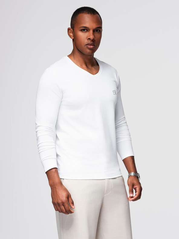 Ombre Clothing Pánské tričko SLIM FIT s dlouhým rukávem do V s elastanem a potiskem bílá Ombre Clothing