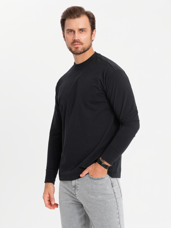 Ombre Clothing Pánské bavlněné tričko LOOSE FIT s dlouhým rukávem a kulatým výstřihem - černé V1 OM-LSBC-0129 Ombre Clothing
