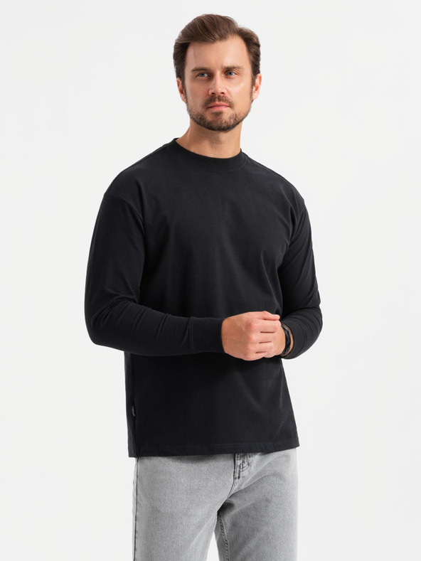 Ombre Clothing Pánské bavlněné tričko LOOSE FIT s dlouhým rukávem a kulatým výstřihem - černé V1 OM-LSBC-0129 Ombre Clothing