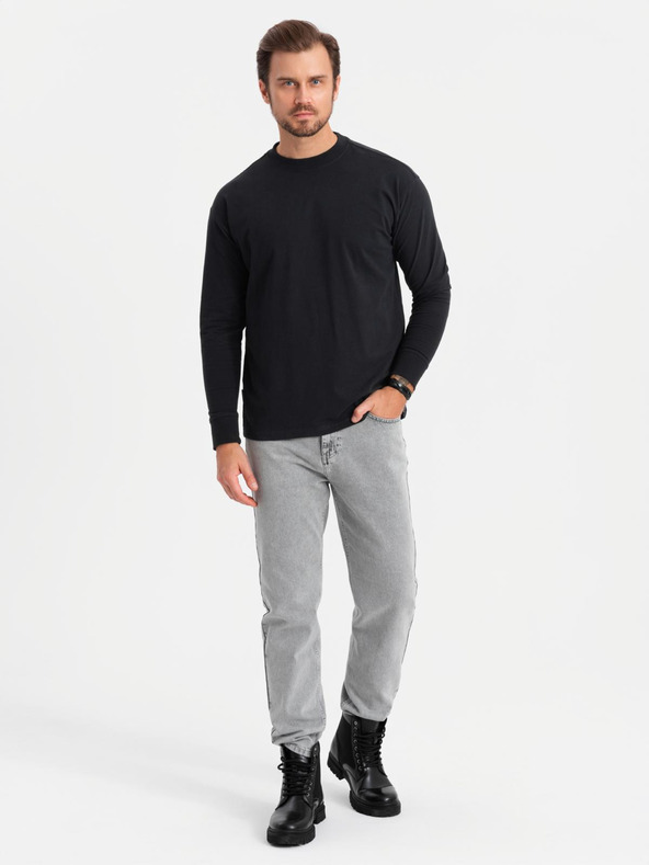 Ombre Clothing Pánské bavlněné tričko LOOSE FIT s dlouhým rukávem a kulatým výstřihem - černé V1 OM-LSBC-0129 Ombre Clothing