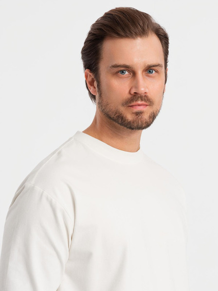 Ombre Clothing Pánské bavlněné tričko LOOSE FIT s dlouhým rukávem a kulatým výstřihem - krémové V2 OM-LSBC-0129 Ombre Clothing