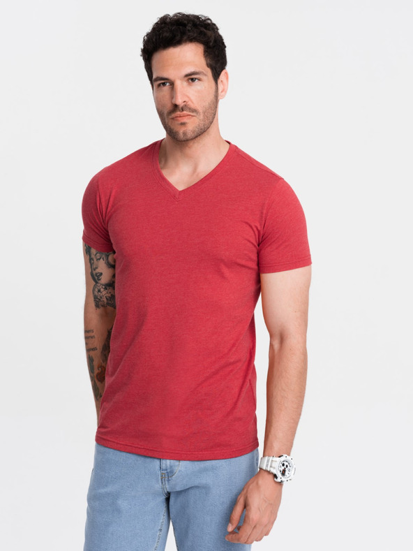 Ombre Clothing Pánské klasické bavlněné tričko BASIC s výstřihem - červený melír V17 OM-TSBS-0145 Ombre Clothing