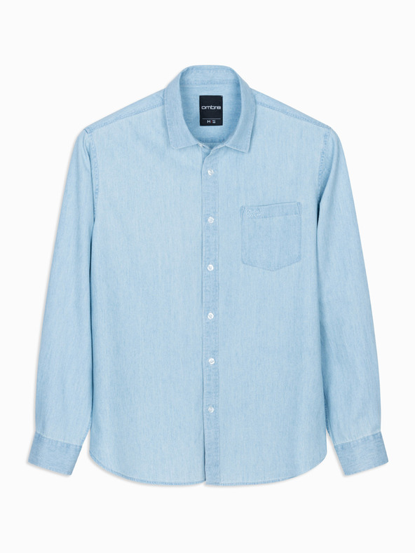 Ombre Clothing Pánská džínová košile s vyšívanou kapsou - světle modrá Ombre Clothing