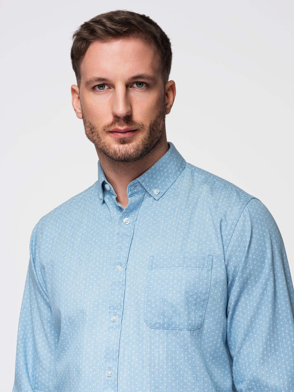 Ombre Clothing Pánská vzorovaná jemná džínová košile s kapsou - světle modrá Ombre Clothing