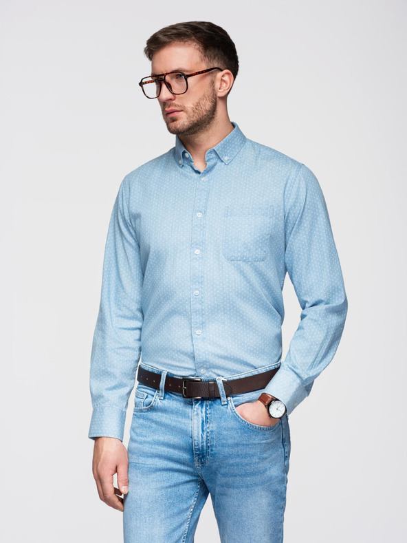 Ombre Clothing Pánská vzorovaná jemná džínová košile s kapsou - světle modrá Ombre Clothing