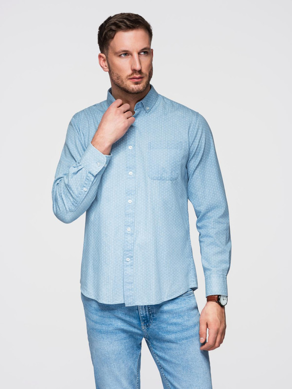 Ombre Clothing Pánská vzorovaná jemná džínová košile s kapsou - světle modrá Ombre Clothing