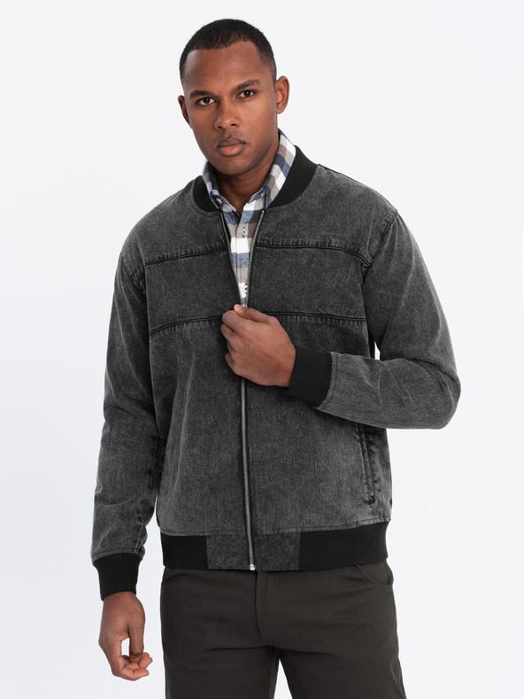 Ombre Clothing Pánská džínová bunda bomber s efektem stone wash - černá V2 OM-JADJ-0163 Ombre Clothing