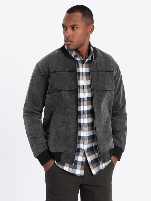 Ombre Clothing Pánská džínová bunda bomber s efektem stone wash - černá V2 OM-JADJ-0163 Ombre Clothing