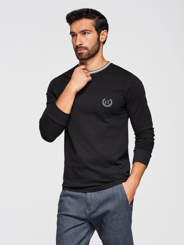 Ombre Clothing Pánské bavlněné tričko s dlouhým rukávem, pruhovaným výstřihem do U a výšivkou Ombre Clothing