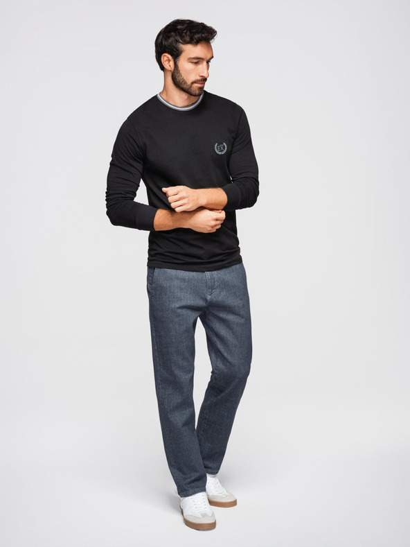 Ombre Clothing Pánské bavlněné tričko s dlouhým rukávem, pruhovaným výstřihem do U a výšivkou Ombre Clothing