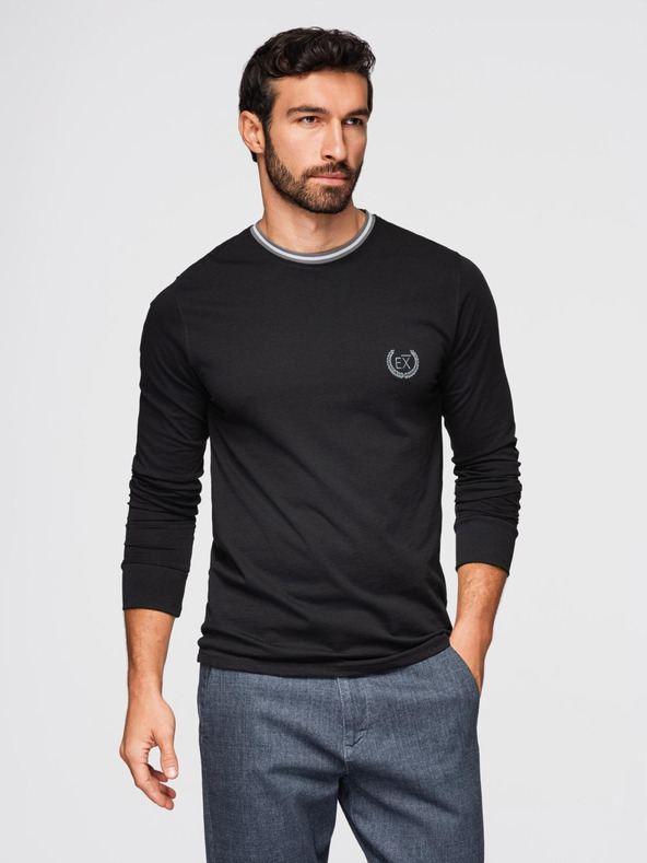 Ombre Clothing Pánské bavlněné tričko s dlouhým rukávem, pruhovaným výstřihem do U a výšivkou Ombre Clothing