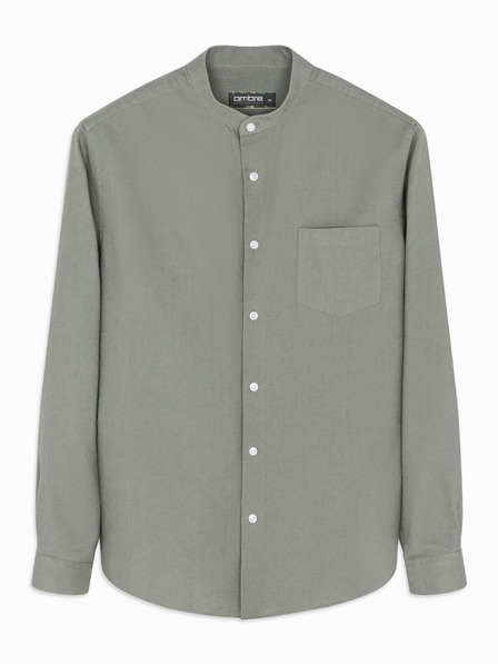 Ombre Clothing Pánská plátěná košile se stojáčkem a kapsou REGULAR FIT - khaki