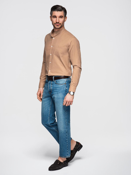 Ombre Clothing Pánská plátěná košile se stojáčkem a kapsou REGULAR FIT - světle hnědá