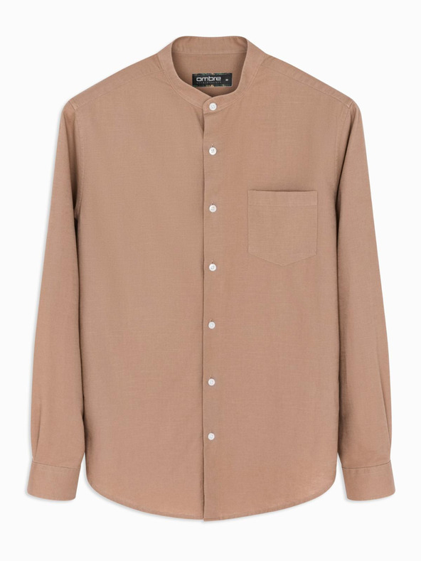Ombre Clothing Pánská plátěná košile se stojáčkem a kapsou REGULAR FIT - světle hnědá