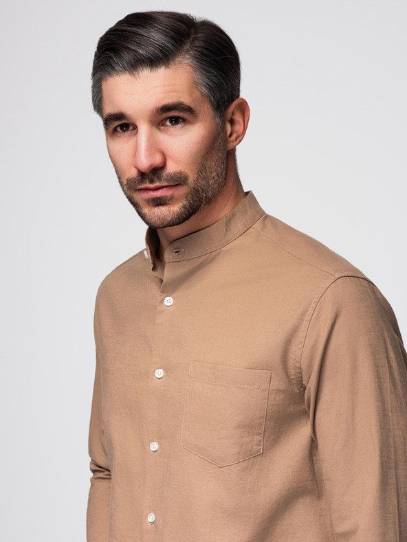 Ombre Clothing Pánská plátěná košile se stojáčkem a kapsou REGULAR FIT - světle hnědá
