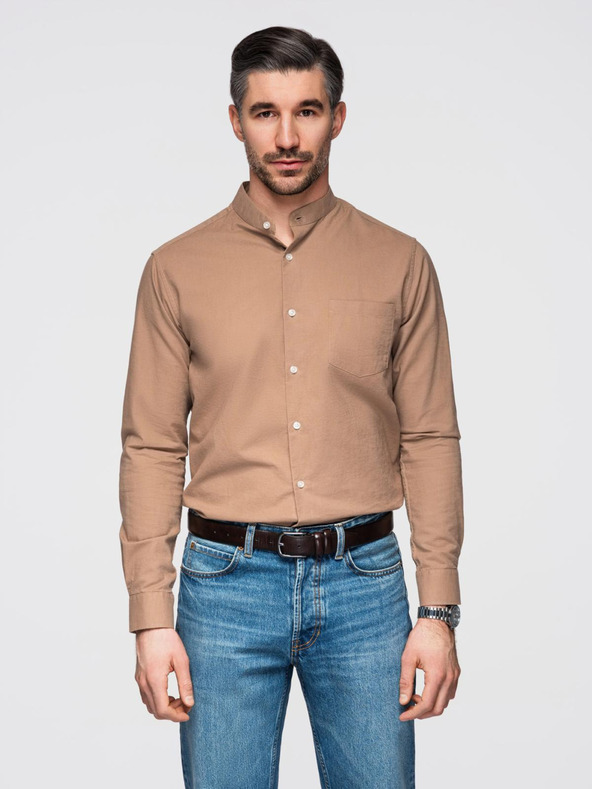 Ombre Clothing Pánská plátěná košile se stojáčkem a kapsou REGULAR FIT - světle hnědá
