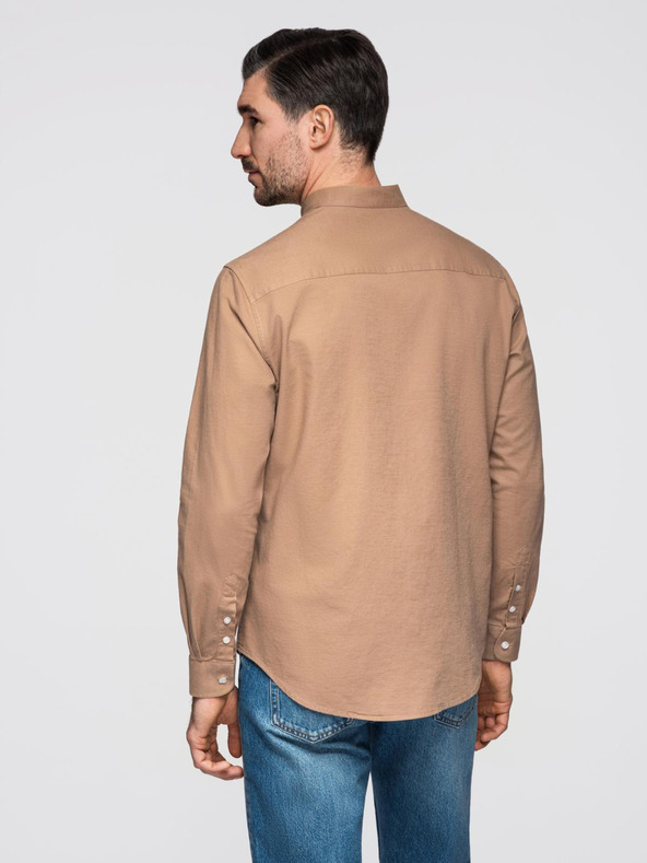 Ombre Clothing Pánská plátěná košile se stojáčkem a kapsou REGULAR FIT - světle hnědá