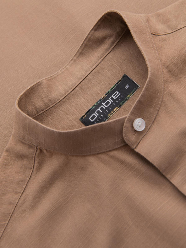 Ombre Clothing Pánská plátěná košile se stojáčkem a kapsou REGULAR FIT - světle hnědá