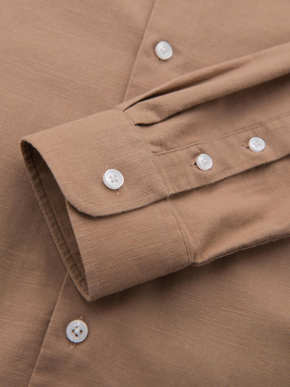 Ombre Clothing Pánská plátěná košile se stojáčkem a kapsou REGULAR FIT - světle hnědá