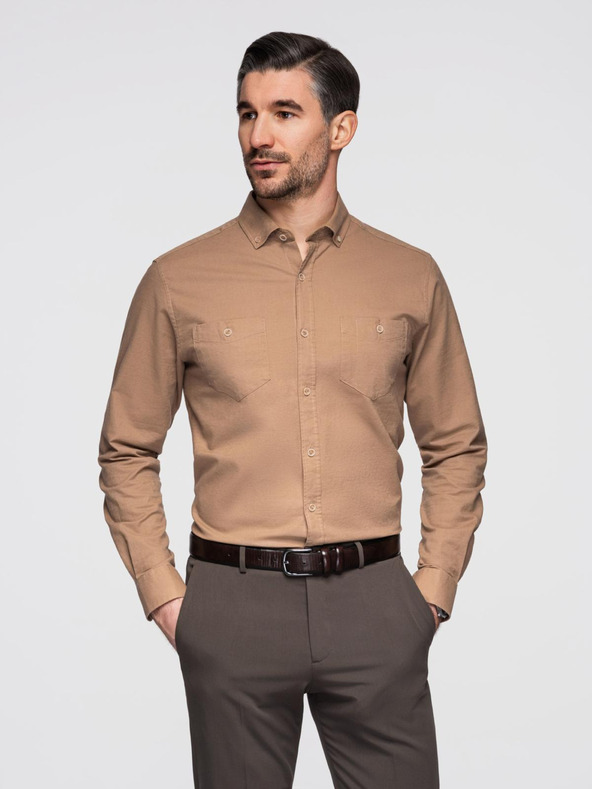 Ombre Clothing Pánská lněná košile s klasickým límcem a kapsami REGULAR FIT - světle hnědá