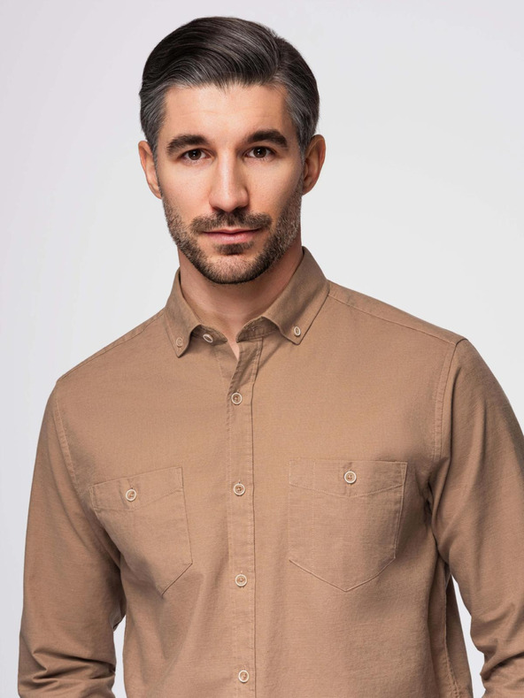 Ombre Clothing Pánská lněná košile s klasickým límcem a kapsami REGULAR FIT - světle hnědá