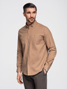 Ombre Clothing Pánská lněná košile s klasickým límcem a kapsami REGULAR FIT - světle hnědá