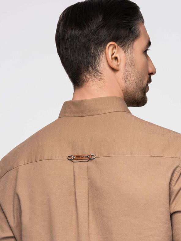 Ombre Clothing Pánská lněná košile s klasickým límcem a kapsami REGULAR FIT - světle hnědá