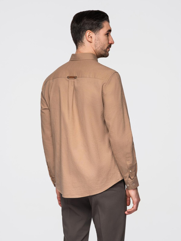 Ombre Clothing Pánská lněná košile s klasickým límcem a kapsami REGULAR FIT - světle hnědá