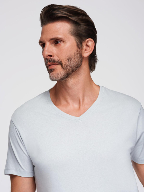 Ombre Clothing Pánské klasické bavlněné tričko BASIC s výstřihem - světle šedé