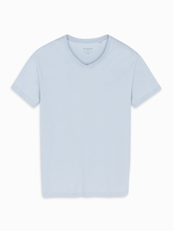 Ombre Clothing Pánské klasické bavlněné tričko BASIC s výstřihem - světle šedé