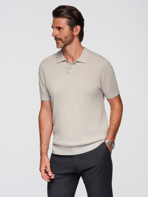 Ombre Clothing Pánské bavlněné polo tričko ze strukturovaného úpletu - béžové