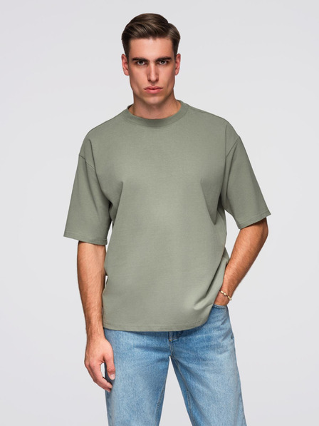 Ombre Clothing Pánské bavlněné tričko LOOSE FIT s kulatým výstřihem - khaki